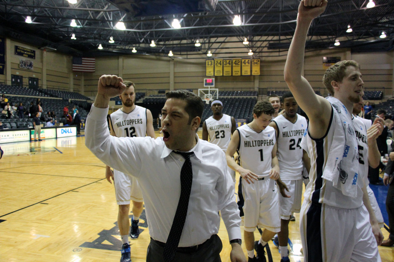 Head Coach Andre Cook and the Hilltoppers celebrate their victory over UTPB Friday night in San Antonio.