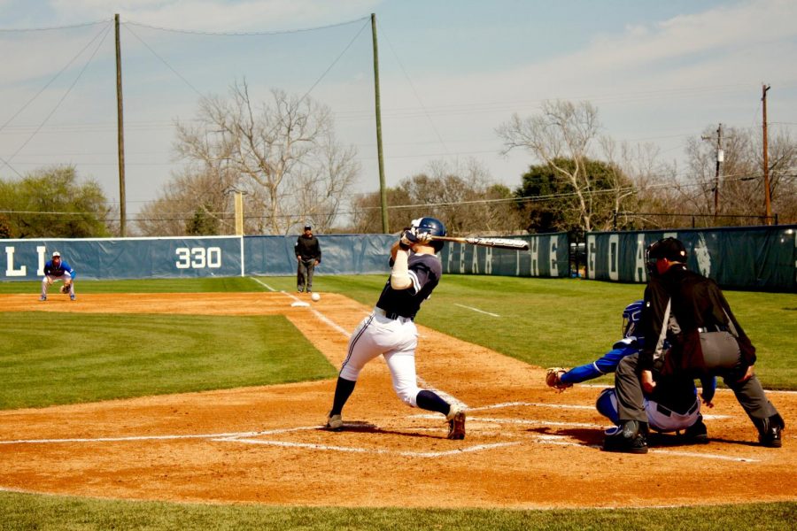  Junior catcher Hunter Torrez hits a sacrifice fly in the sixth inning of Friday’s victory over St. Mary’s. So far this season, Torrez is batting .250 and is a leader in RBIs this season with nine.
