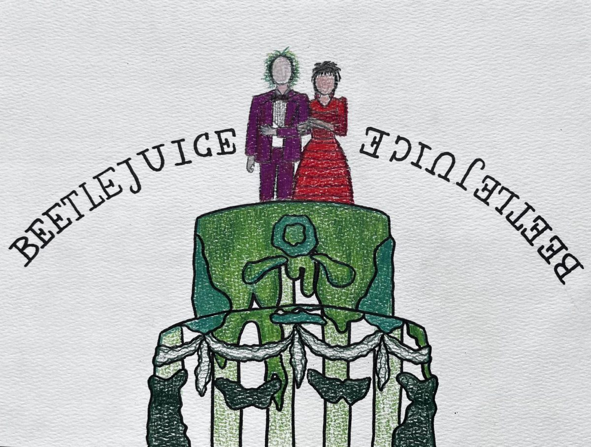 Illustration of Beetlejuice and Lydia Deezt wedding. If you saw the movie, it is a nice nod to his predecessor! 