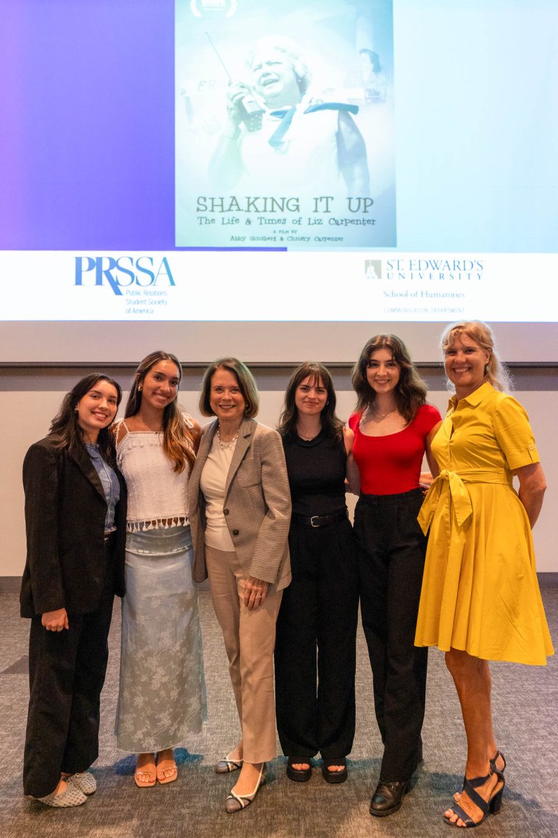 Erica Vela (left), Cressida Rodriguez, Christy Carpenter, Jaycei Scott, Isabella Bardos and Assistant Professor of Practice Public Relations Nancy Salisbury after a Q&A held by Liz Carpenter’s daughter and director of the documentary. Around 30 students and members outside of the St. Edward's community attended the screening.