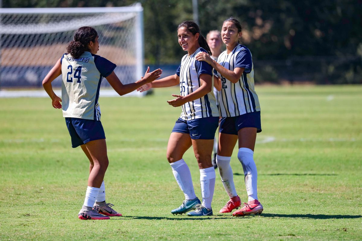 Rocha and her teammate, freshman Isabella Ruiz, celebrate the second goal of the game. Subbed back into the game after time on the bench and with 11 minutes left, Ruiz delivered a pass to in the center of the field, where Rocha fired off a clean shot, marking her sixth goal of the season.