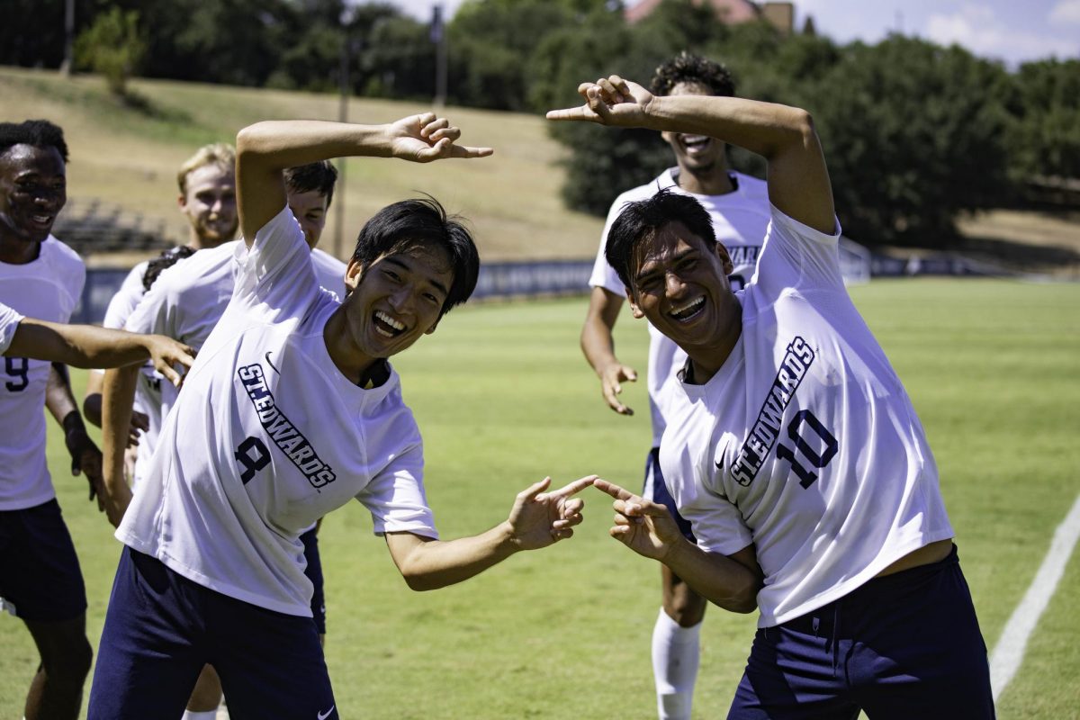 Watanabe and Reyes celebrate after Watanebe’s goal in the 30th minute at the Midwestern State University game. This was the first game in the Lone Star Conference, earning them their first conference win 5-0.