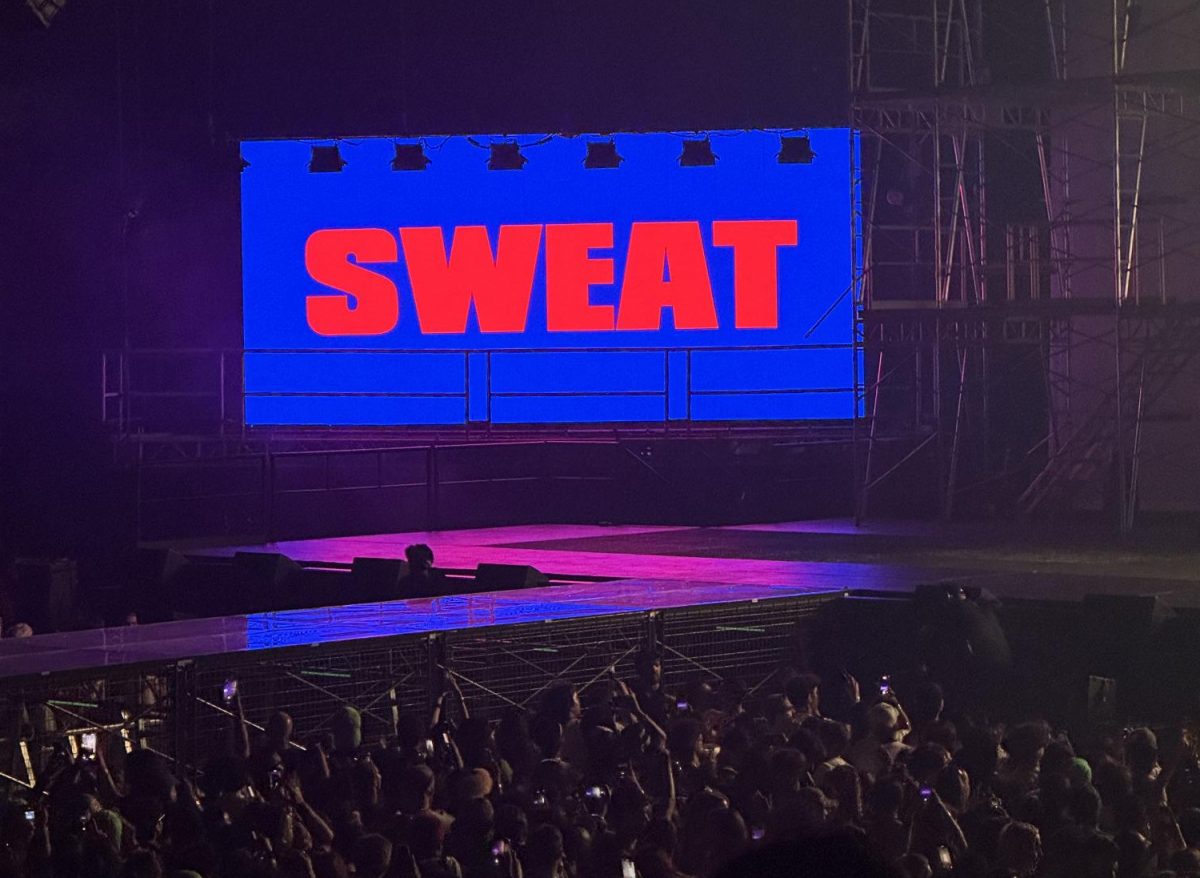 At the end of the show, the tour logo flashes at audiences before the post-show playlist begins. This logo was printed on small sweat towels and sold at the concert. 

