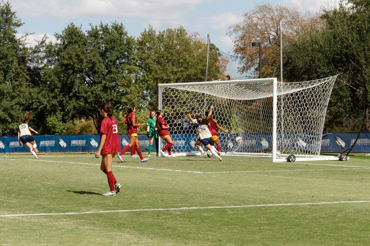 Senior Alyssa Garcia as she celebrates her goal against Midwestern State University. Garcia, who is playing her last season, scored her first goal since freshman year during this game.