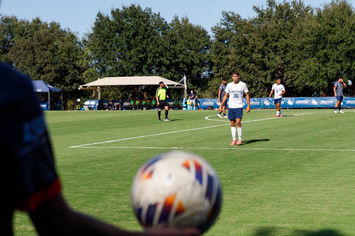 The calm before the kick – Christian Mezas focused and preparing to strike in University of Texas at Tyler game. “I believe in them,” head coach Brian Young said. “I’m proud of the guys, we went down a goal and came back from it. We’re still a young team of mostly freshmen and sophomores, once we got that goal the spirit was definitely lifted.”
