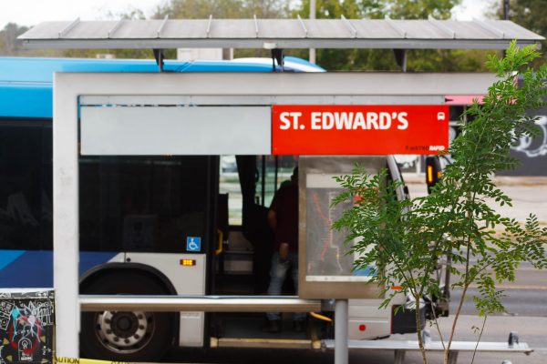 The St. Edward’s northbound bus stop is one of two stops on South Congress next to campus. The stop serves the 1, 10 and 801 CapMetro lines which brings passengers up South Congress to Republic Square. Students who live on campus receive “free” bus passes, which shifts the costs of a ride onto the university. 