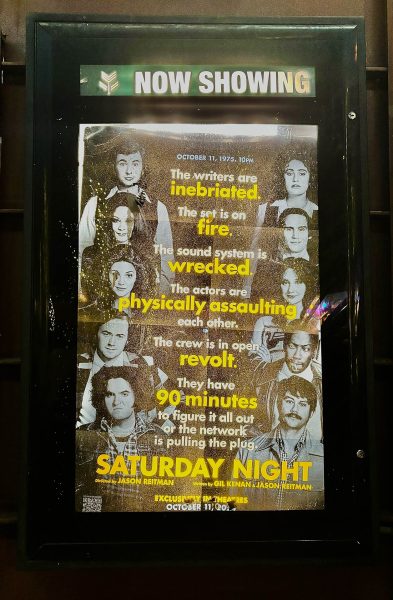 One of the main movie posters promoting “Saturday Night” outside of the Violet Crown Cinema in Downtown Austin.