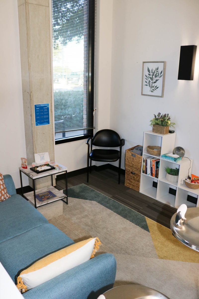 “The more people try counseling, the less stigma there will be,” HCC director Molly Wong said. The center's welcoming consultation spaces, like this one featuring natural light and calming decor, aim to help students feel comfortable taking that first step toward seeking support.