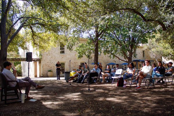 History professor and Middle East specialist, Joe Kotinsly, Ph.D, (left) addresses questions raised by students gathered outside Carriage House regarding the Israel-Palestine conflict occurring in the Middle East during the Kozmetsky Center of Excellence’s Town hall and lecture “The Israel-Hamas War: Past, Present, and Future.”