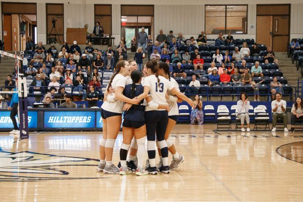 St. Edward’s volleyball players celebrate winning a point against Lubbock Christian. “We got a lot of great reps this week,” Davis said. “We were really focused, the energy was great, but now (she talked to the team) about learning how to trust ourselves throughout those rallies.”