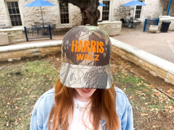 Julia Klein wears a Harris-Walz camo hat, showing her support for the campaign on election day.
