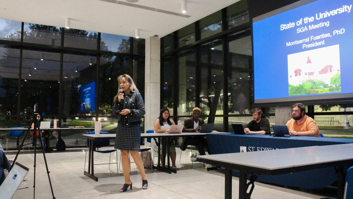 President Montserrat Fuentes gives her State of the University Address at the Student Government Association Formal Senate meeting on Oct. 30, 2024.