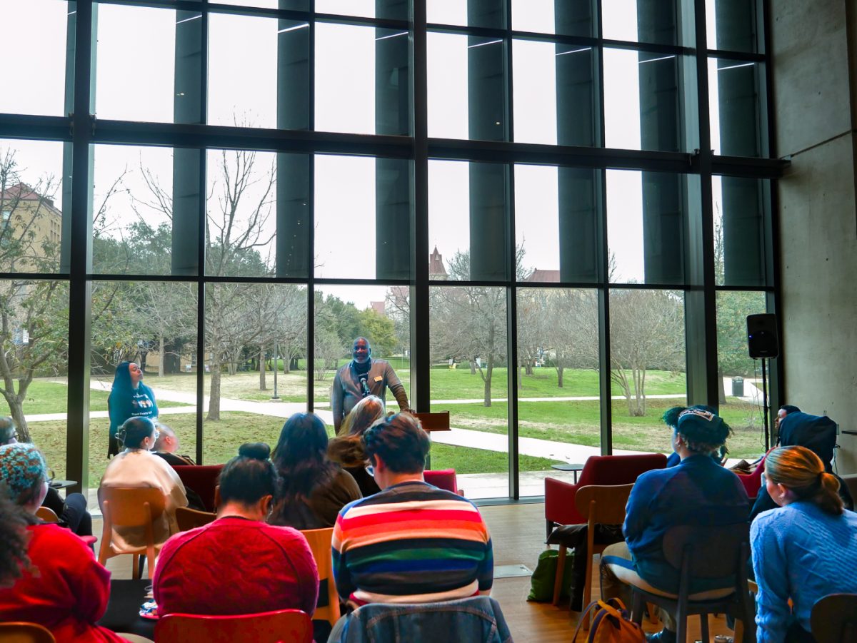 Associate Vice President of Development Gregory Perrin recites “Lift Every Voice and Sing” to a 20-person crowd. Perrin was one of six people who read poems or excerpts from some of their favorite Black authors. The authors ranged in genre from science fiction in “The Parable of the Sower” by Octavia Butler to explorations of love from Bell Hooks’ “All About Love.”
